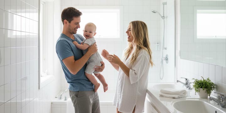 Famili in gefliestem im Badezimmer
